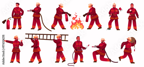 Fire fighters. Fireman extinguishing flame. Emergency service. Firefighters carry water hose. Rescue from ignition. Character in uniform. Blaze protection. Vector extinguisher poses set