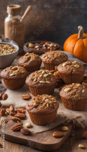 A collection of freshly baked pumpkin muffins adorned with various seeds on a wooden board, evoking a cozy autumnal atmosphere.