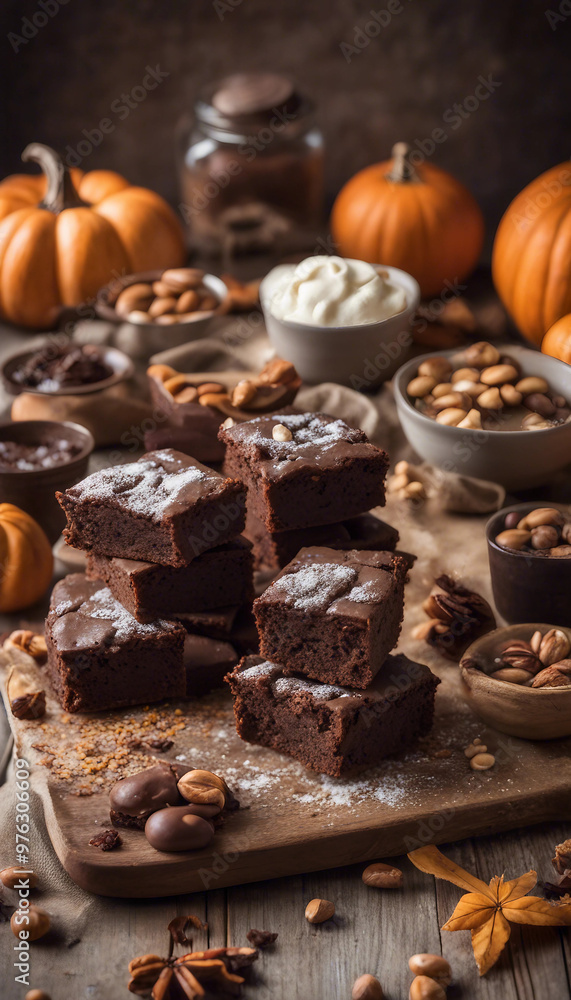 A stack of freshly baked brownies sits on a wooden board, surrounded by autumnal decorations like pumpkins and leaves, evoking a cozy, seasonal atmosphere.
A stack of freshly baked brownies sits on a wooden board, surrounded by autumnal decorations like pumpkins and leaves, evoking a cozy, seasonal atmosphere.
