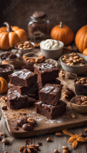 A stack of freshly baked brownies sits on a wooden board, surrounded by autumnal decorations like pumpkins and leaves, evoking a cozy, seasonal atmosphere.

