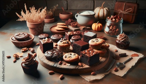 A variety of baked goods and confections artfully arranged on a rustic table, creating a warm and inviting autumnal scene.