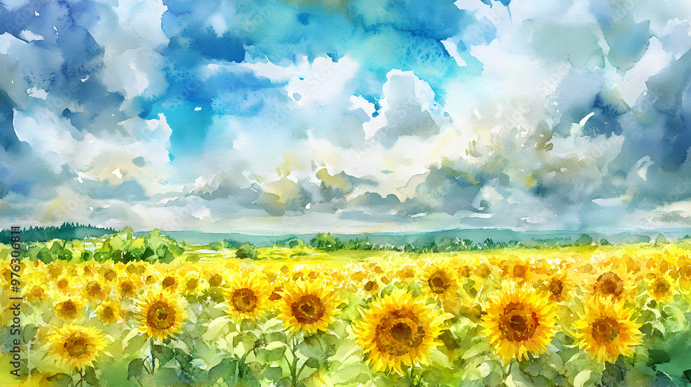 Obraz premium Dreamy watercolor painting of a field of sunflowers stretching towards a bright, cloudy sky, with rich yellows and greens blending seamlessly to capture the sun-drenched warmth