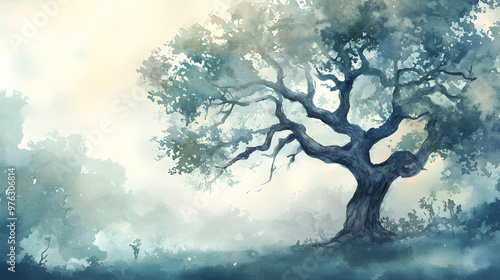 Subdued watercolor illustration of an ancient oak tree with sprawling branches, set in a foggy morning landscape with a soft, muted color palette and gentle brushstrokes