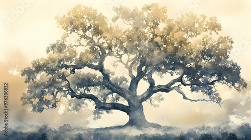 Subdued watercolor illustration of an ancient oak tree with sprawling branches, set in a foggy morning landscape with a soft, muted color palette and gentle brushstrokes