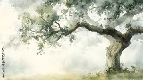Subdued watercolor illustration of an ancient oak tree with sprawling branches, set in a foggy morning landscape with a soft, muted color palette and gentle brushstrokes