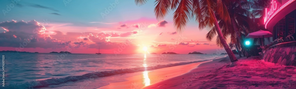 Sunset on the beach with palm trees and a neon sign, travel concept, banner, copy space Sunset on the beach with palm trees and a neon sign, travel concept, banner, copy space