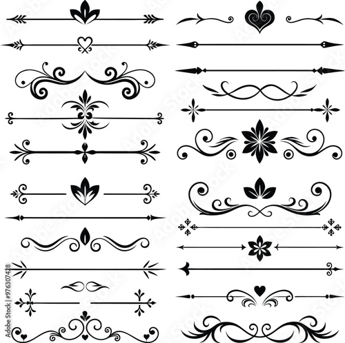 A detailed set of elegant ornate decorative dividers in black vector format, featuring a variety of symmetrical and intricate designs. These decorative elements are perfect for enhancing invitations, 