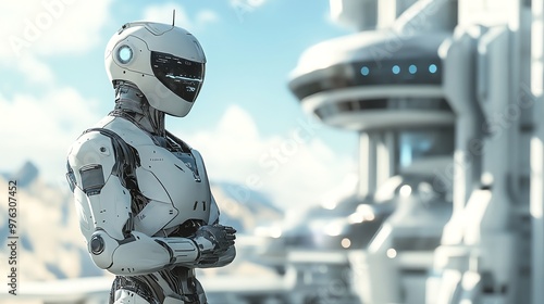 A white robot stands with its arms crossed, in front of a futuristic building.