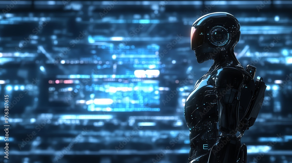 A futuristic robot stands in front of a digital screen, a scene depicting artificial intelligence in a technological world. A futuristic robot stands in front of a digital screen, a scene depicting artificial intelligence in a technological world.