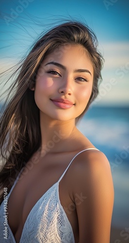 A beautiful woman, wearing a white dress, light makeup and lipstick, with a blue sky  photo