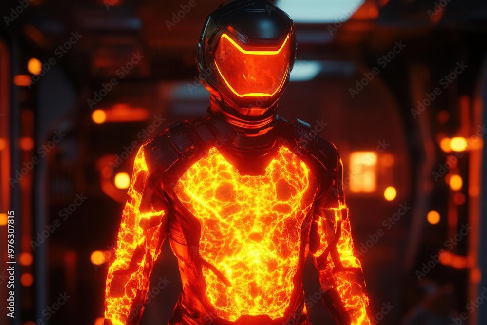 A futuristic thermal suit glowing with heat, designed to withstand extreme fire and heat conditions, glowing red with protective energy A futuristic thermal suit glowing with heat, designed to withstand extreme fire and heat conditions, glowing red with protective energy