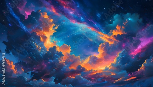 Neon-Lit Celestial Clouds in Deep Space, Vibrant Astral Scene Showcasing Galactic Essence with Surreal Nebulae, Stars, and Ethereal Nighttime Lightscape