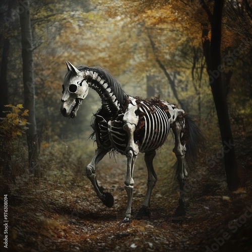 A skeletal horse wandering through a mysterious autumn forest, showcasing the beauty of nature and creativity.