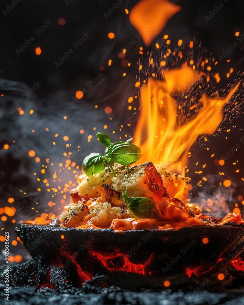 Sizzling dish with flames and spices, showcasing vibrant colors and a gourmet touch for food lovers and culinary enthusiasts. Sizzling dish with flames and spices, showcasing vibrant colors and a gourmet touch for food lovers and culinary enthusiasts.