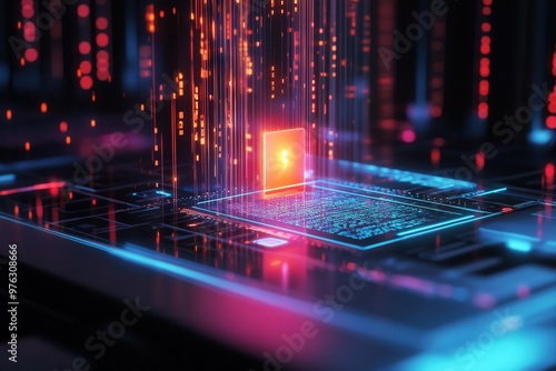 A 3D hologram of a computer system being manipulated by a hacker, glowing backdoor entry point appearing, data breach imminent