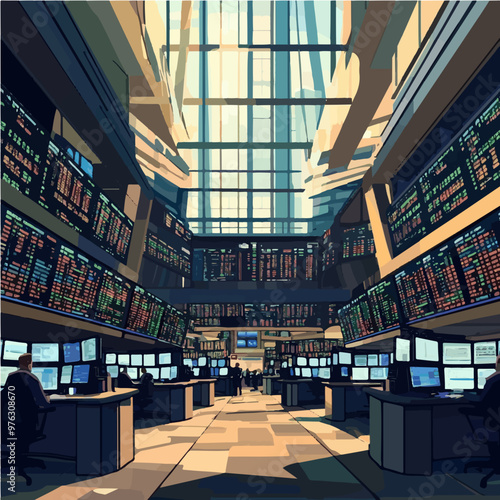 Vector of a stock exchange trading floor with large screens displaying financial data. Suitable for finance and business concepts.