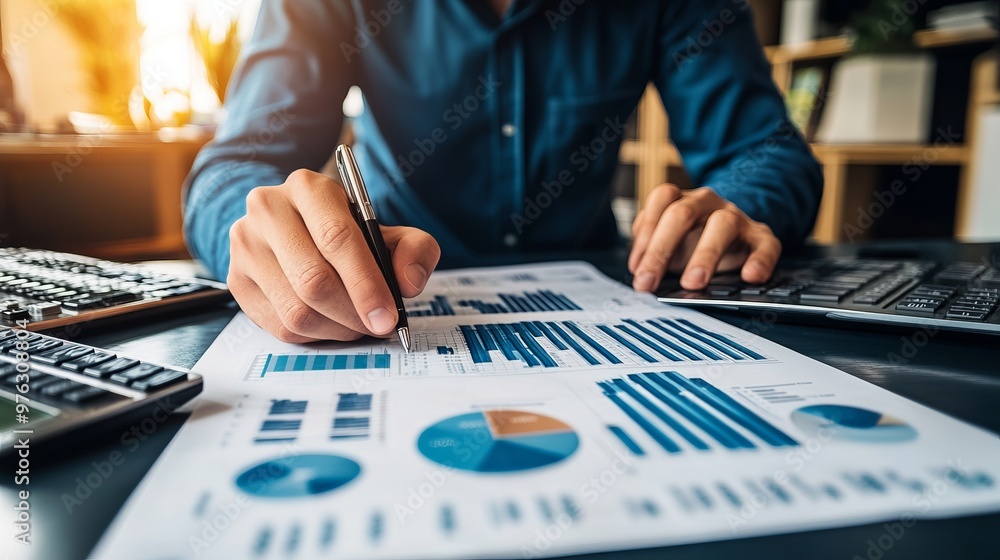 A young man performing calculations for a global business forecast, focusing on future financial projections A young man performing calculations for a global business forecast, focusing on future financial projections