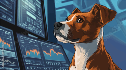Cartoon hound staring at forex charts in a stock trading setting, symbolizing market awareness in a fun and engaging design.