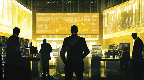 A dynamic stock trading room with traders analyzing multiple screens filled with financial data. Ideal for financial business and investment concepts.