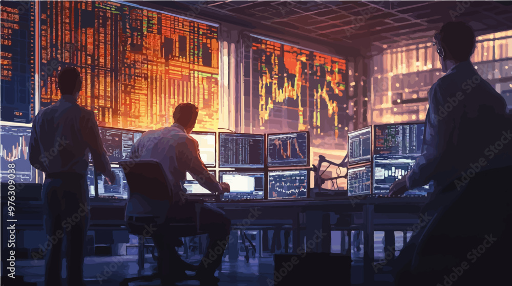 Three stock traders analyzing large screens with stock data in a bustling trading floor. Perfect for financial, stock market, and trading-related content. Three stock traders analyzing large screens with stock data in a bustling trading floor. Perfect for financial, stock market, and trading-related content.