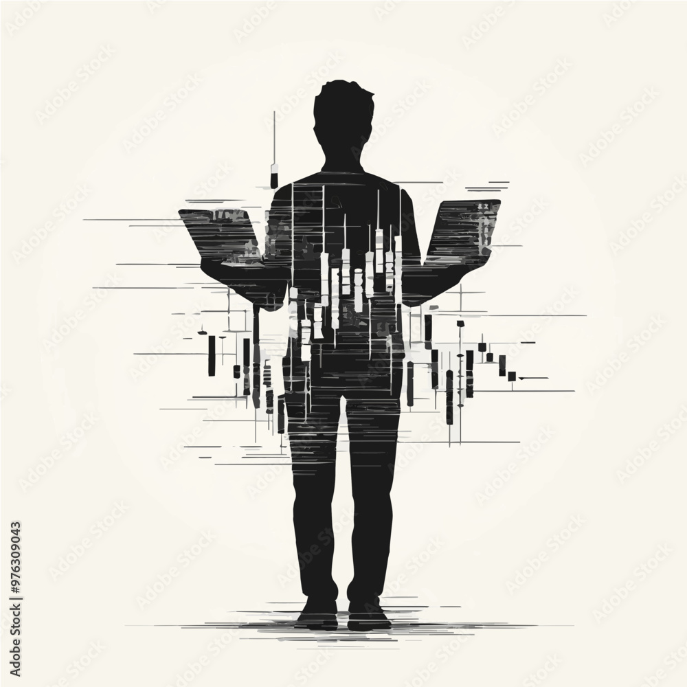 Silhouette of a business person with stock charts, emphasizing financial control and understanding of stock market trends. Silhouette of a business person with stock charts, emphasizing financial control and understanding of stock market trends.