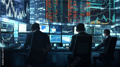 Stock traders analyzing market data on multiple monitors in a professional setting. Perfect for business, technology, and financial management vectors.