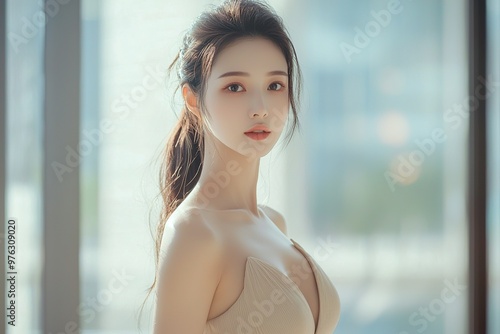 Asian beauty, long hair in a high ponytail, full-body photo of the dress skirt, white skin