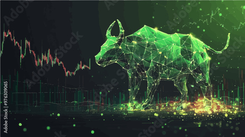A green bullish stock market vector image with digital lines forming a bull, symbolizing financial growth and optimism in markets.