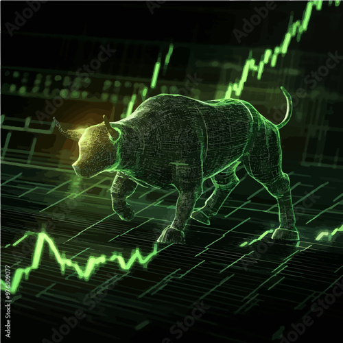 Surging bullish stock market chart with a wireframe bull highlighting market optimism and strong price movements in a digital finance setting.
