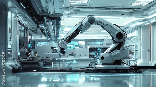 A futuristic robotic arm stands in a sterile, high-tech laboratory, ready for work.