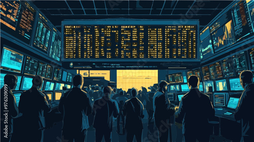 A crowded stock exchange floor with traders working on multiple screens, representing financial activity. Ideal for business and finance illustrations.