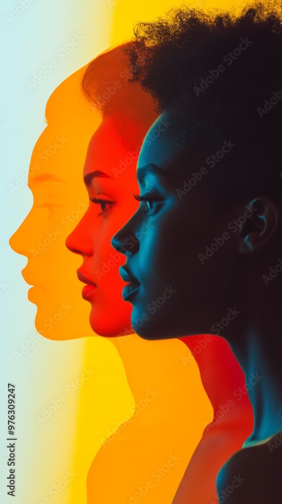 Multicolored silhouette profiles of women symbolizing diversity and inclusion. Vibrant colors represent equity and empowerment. Multicolored silhouette profiles of women symbolizing diversity and inclusion. Vibrant colors represent equity and empowerment.