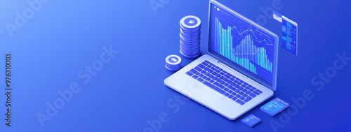 Wallpaper Mural Isometric 3d icon of business graph and analytics data on laptop on flat color background with Copy space, creative banner template for financial strategy, Online statistics  Torontodigital.ca