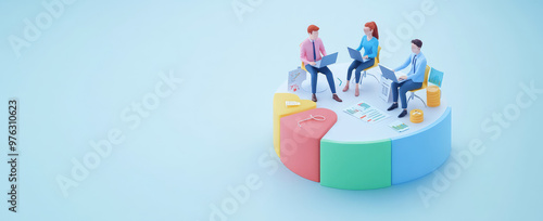 Isometric 3d icon of Corporate people working together on flat color background with Copy space, creative banner template of Expert team for Data Analysis, Business Statistic. 