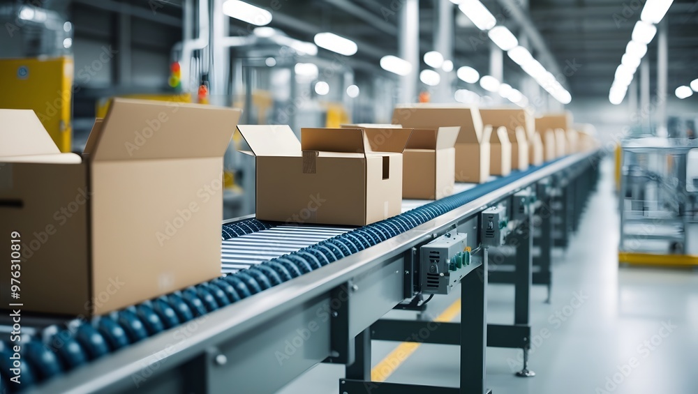 Conveyor line with carton boxes side view, industrial processing production belt, automated manufacturing engineering equipment on factory area blurred background Conveyor line with carton boxes side view, industrial processing production belt, automated manufacturing engineering equipment on factory area blurred background