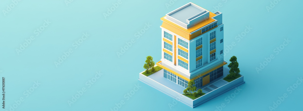 Fototapeta premium Isometric 3d icon of real estate house building on flat color background with Copy space, creative banner template for of a new building, apartment complex or hotel. 