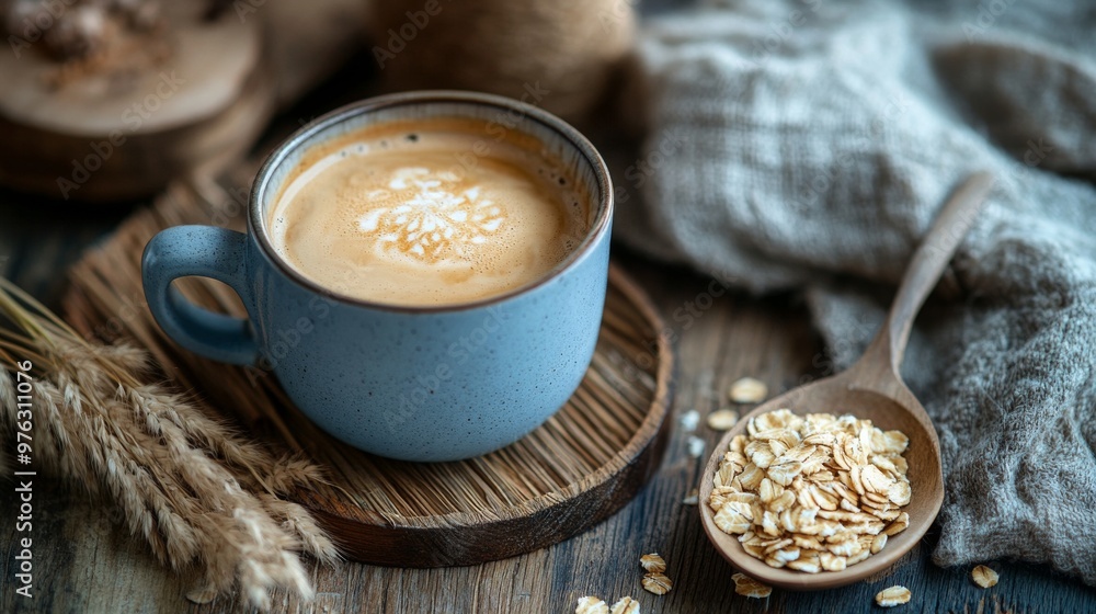 A warm cup of freshly brewed coffee alongside a spoonful of hearty oatmeal rests on a rustic wooden table, creating a cozy scene A warm cup of freshly brewed coffee alongside a spoonful of hearty oatmeal rests on a rustic wooden table, creating a cozy scene