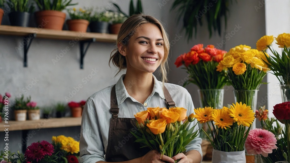 A young woman smiles brightly while arranging flowers at a vibrant floral shop filled with colorful blooms during the afternoon A young woman smiles brightly while arranging flowers at a vibrant floral shop filled with colorful blooms during the afternoon