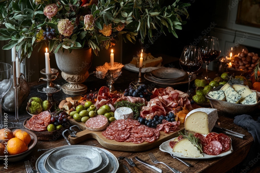 A beautiful spread of gourmet meats, cheeses and fruits creates a warm and inviting atmosphere. Perfect for gatherings and celebrations with loved ones. Generative AI A beautiful spread of gourmet meats, cheeses and fruits creates a warm and inviting atmosphere. Perfect for gatherings and celebrations with loved ones. Generative AI