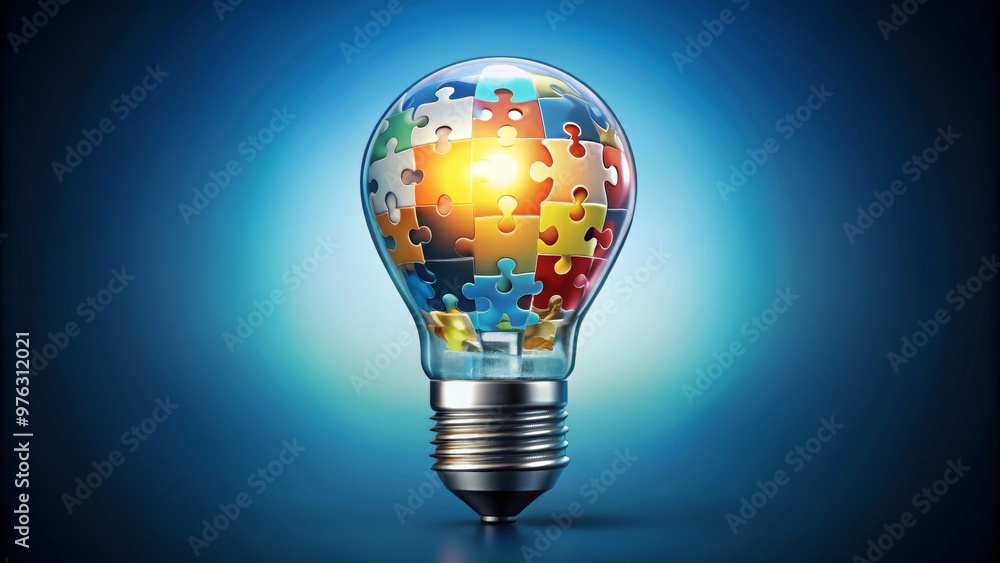 Fototapeta premium A colorful light bulb filled with puzzle pieces, symbolizing creativity and innovation in problem-solving.