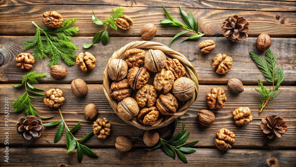 A rustic bowl filled with assorted walnuts on a wooden table, surrounded by green leaves and natural elements. A rustic bowl filled with assorted walnuts on a wooden table, surrounded by green leaves and natural elements.