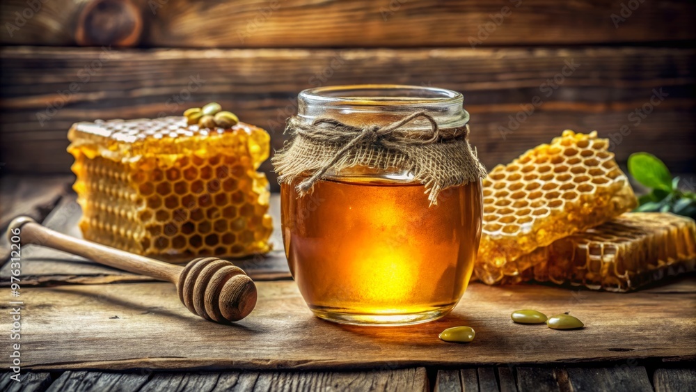 A rustic jar of honey surrounded by honeycomb on a wooden surface, showcasing natural sweetness and organic beauty. A rustic jar of honey surrounded by honeycomb on a wooden surface, showcasing natural sweetness and organic beauty.