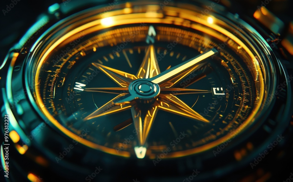Elegant compass pointing towards the right direction with a glowing gold needle indicating navigation and adventure Elegant compass pointing towards the right direction with a glowing gold needle indicating navigation and adventure