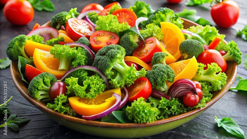 A vibrant salad featuring fresh greens, colorful peppers, cherry tomatoes, and broccoli, perfect for healthy eating. A vibrant salad featuring fresh greens, colorful peppers, cherry tomatoes, and broccoli, perfect for healthy eating.
