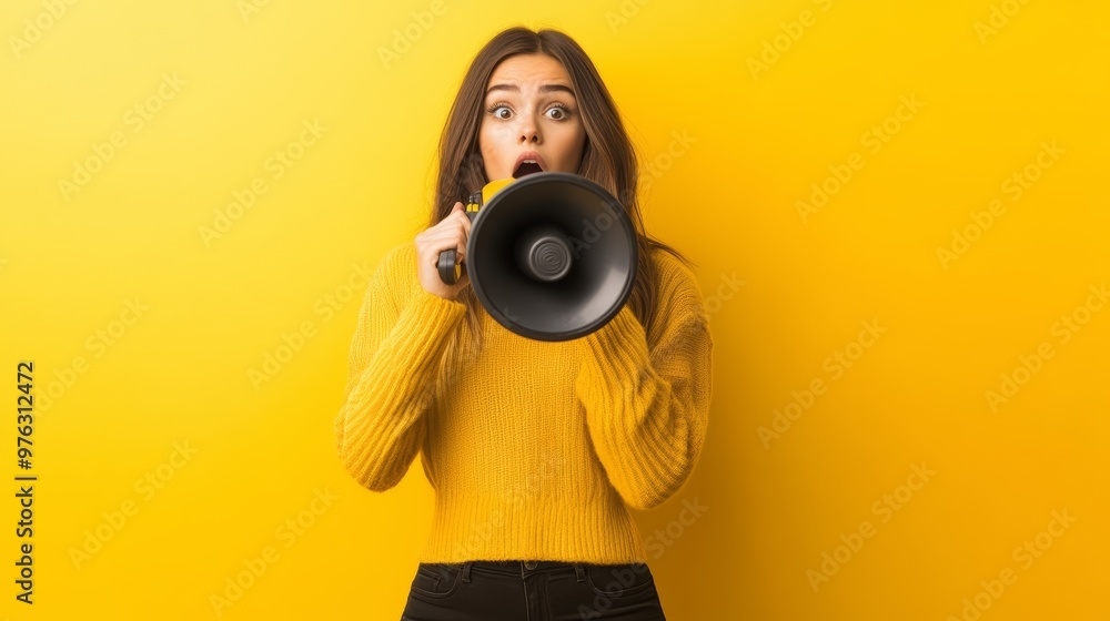 Obraz premium Woman with a megaphone against a vivid yellow background, announcing Black Friday sales. Urgency and excitement of holiday shopping.