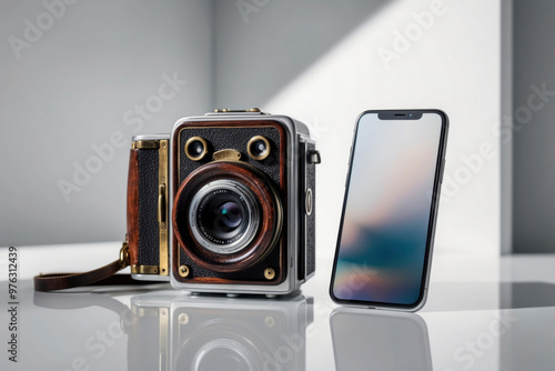 display of old vintage camera and new smartphone - concept of technological progress photo