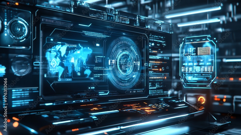 Futuristic computer screen with a glowing blue and orange display showing data and a world map. Futuristic computer screen with a glowing blue and orange display showing data and a world map.