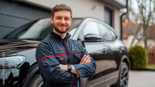 In the picture, a young mechanic is holding a wrench and smiling, ready to help with car repairs.