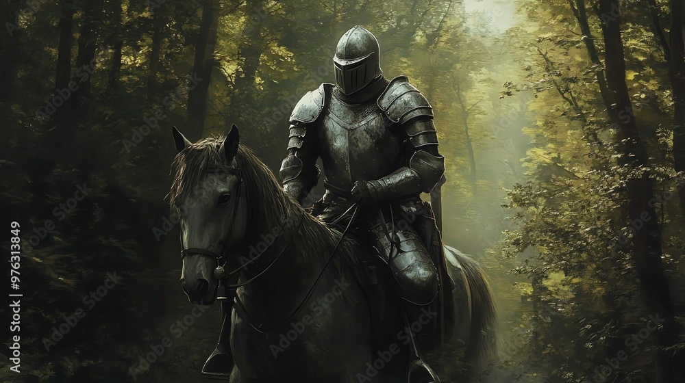 Fototapeta premium A lone knight in full armor rides through a misty forest on horseback.