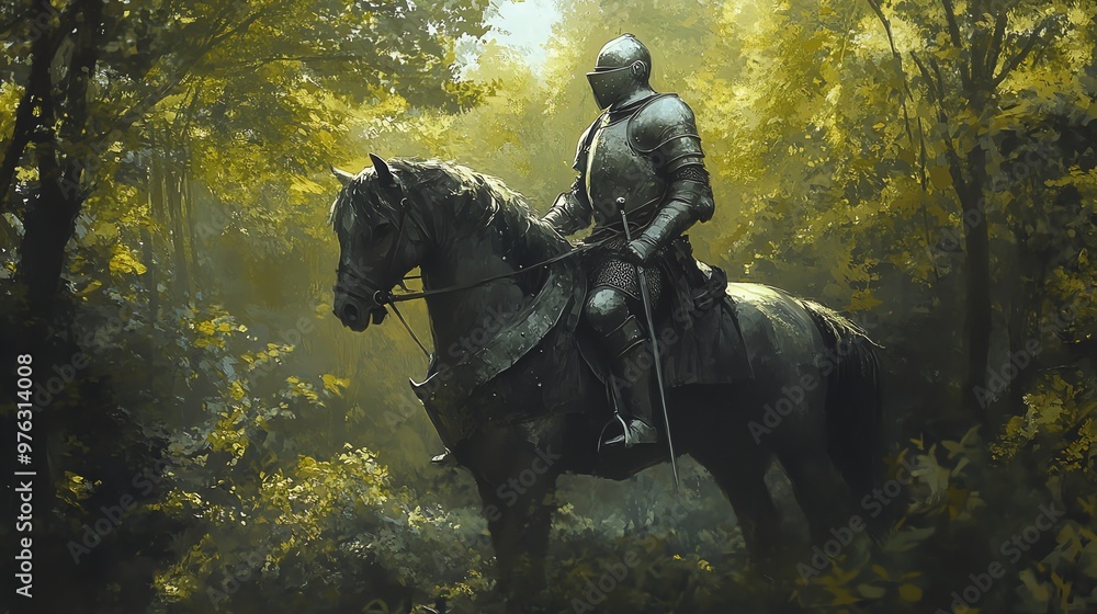 A knight in full armor rides a black horse through a lush forest. A knight in full armor rides a black horse through a lush forest.